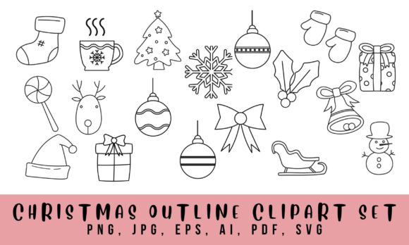 Christmas Elements Outline Clipart Set: Graphics & Illustrations