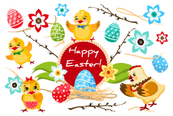 Easter Set with Cute Chickens and Chicke: Graphics & Illustrations